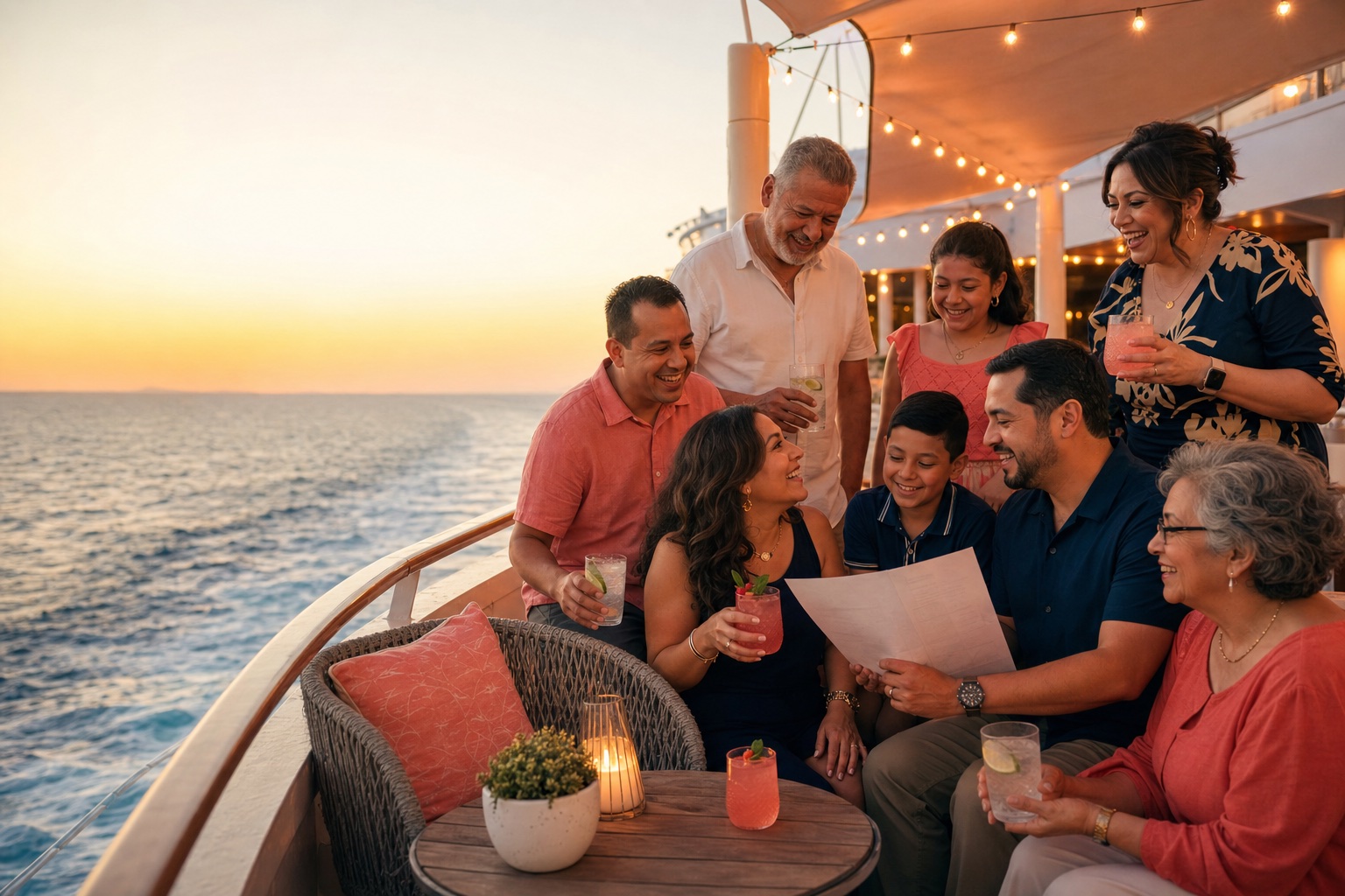 Families and friends sharing an itinerary on a cruise ship deck