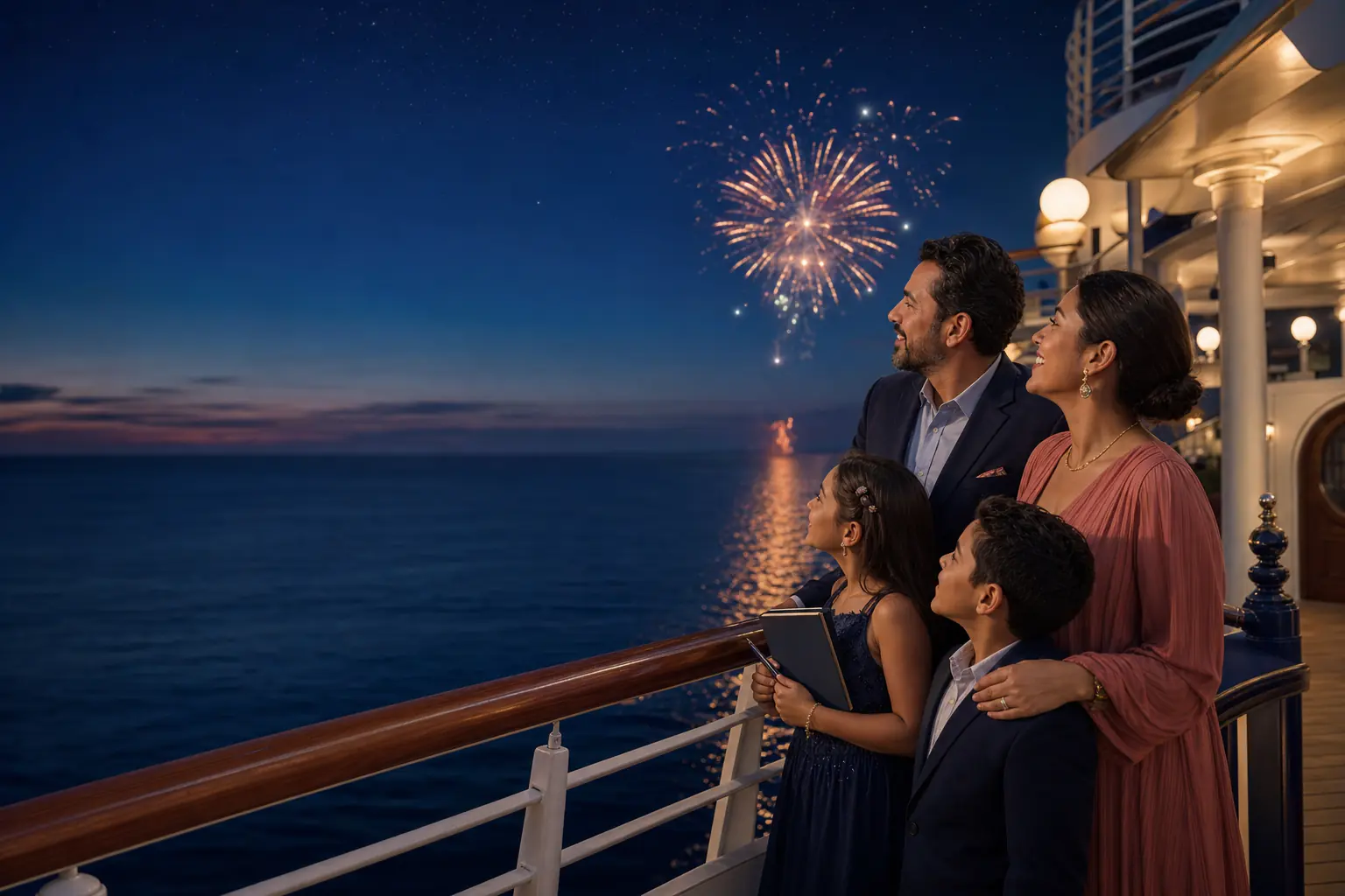 Family watching fireworks from an elegant unbranded cruise ship deck