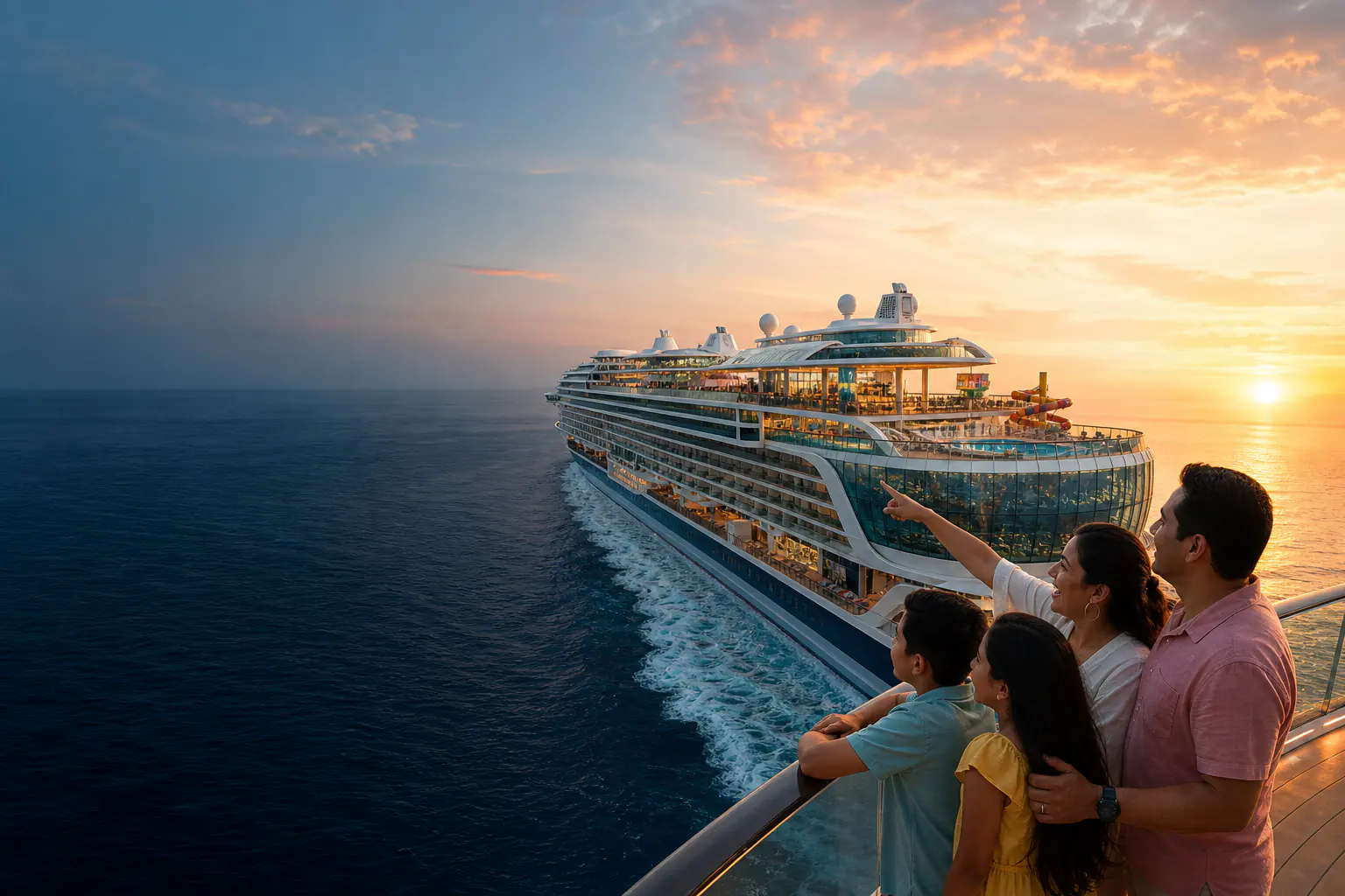 Family looking toward a contemporary unbranded cruise ship at sunrise